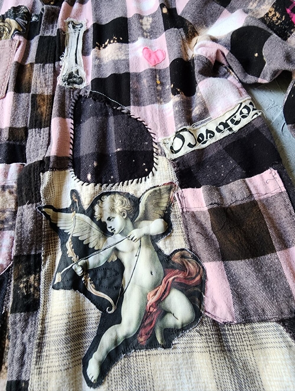Designer Upcycled Kimono Duster Buttondown Flannel Top Artisan Cottage Appliqué - Picture 14 of 16